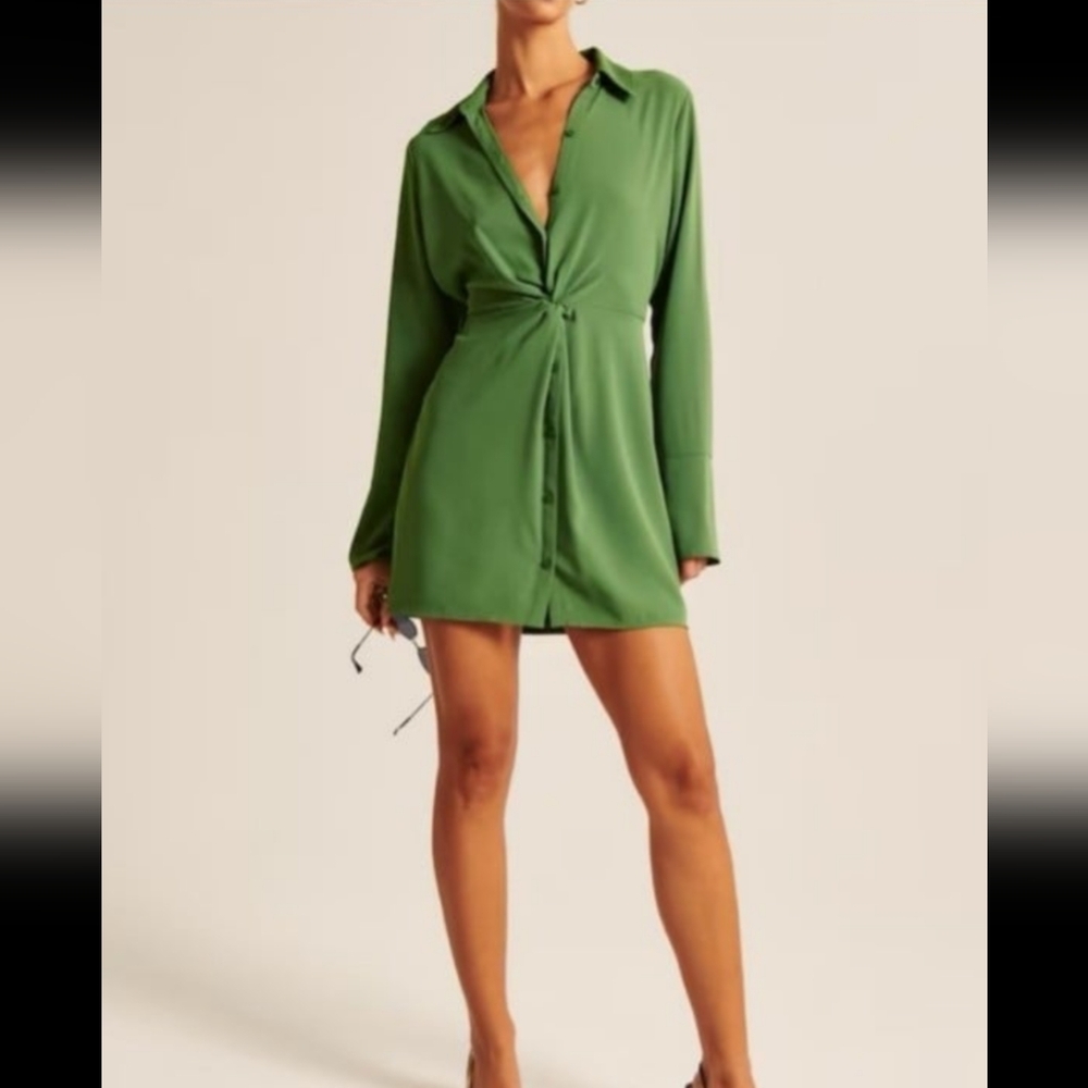 Abercrombie & Fitch Long Sleeve Twist Front Shirt Dress In Baby blue Sz XS NWT